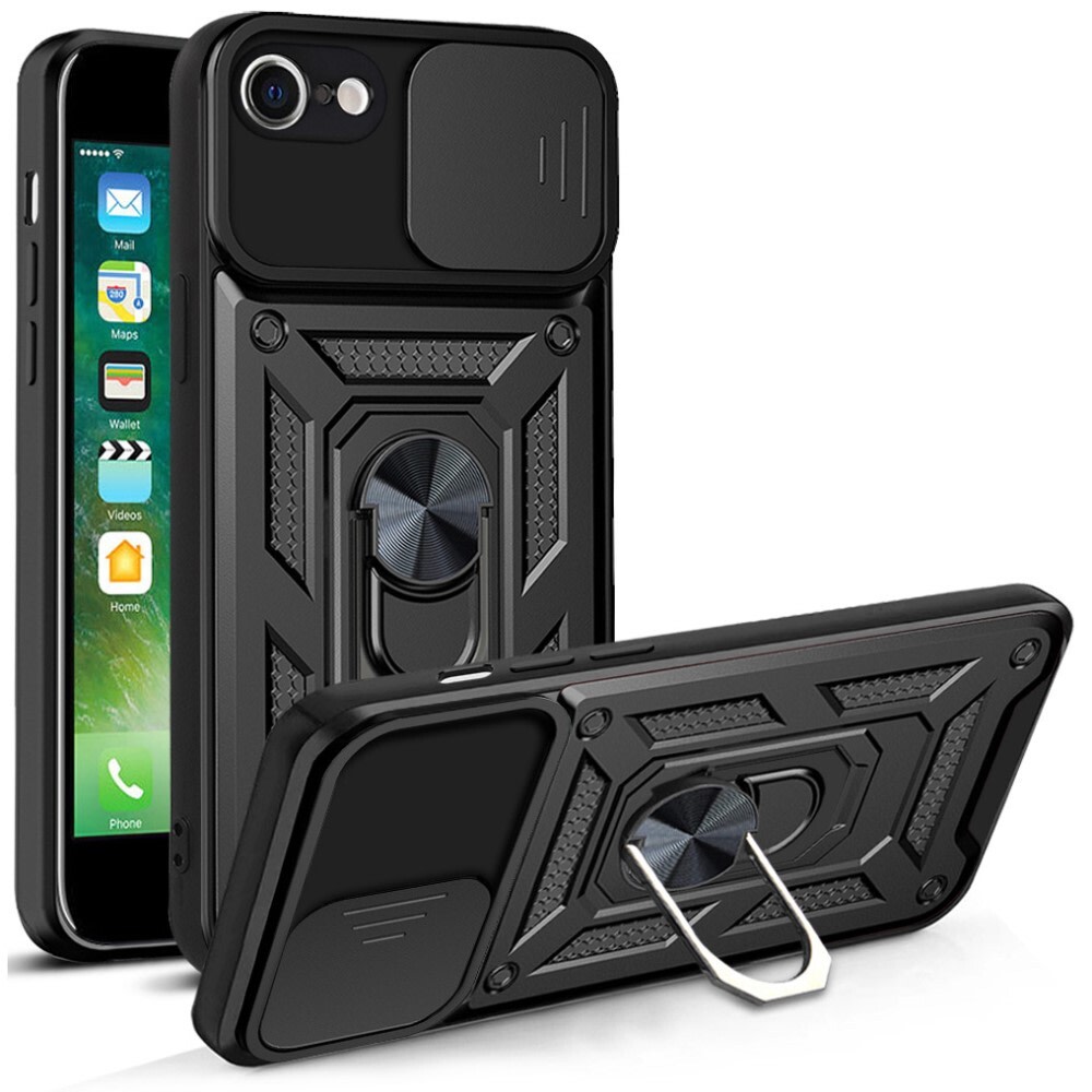 Oklepni ovitek MaX-Armor z obročem, kovinsko ploščico in zaščito zadnjih kamer za iPhone 16e - army black