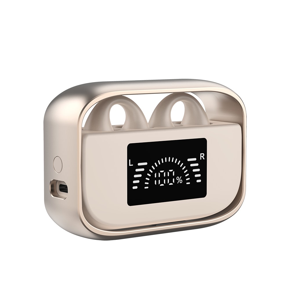 VIP X Deal: Obušesne slušalke EarClip z najnovejšo zasnovo ušesne objemke, zaslonom, Bluetooth 5.3, IPX5 standardom in zasilnim polnjenjem telefona - golden sand
