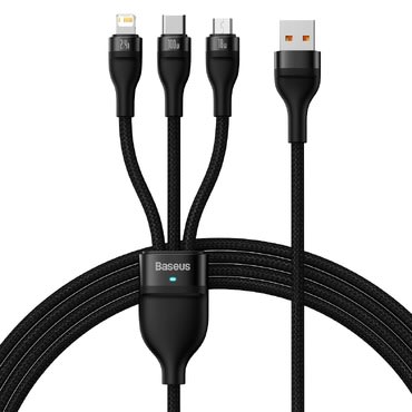 Polnilni kabel Baseus "Flash Series II" - 3v1 polnilni kabel iz USB v USB-C, Lightning in Micro USB priključke ter hitrim polnjenjem 100W - 1.2m - črn Polnilni kabel Baseus "Flash Series II" - 3v1 polnilni kabel iz USB v USB-C, Lightning in Micro USB priključke ter hitrim polnjenjem 100W - 1.2m - črn