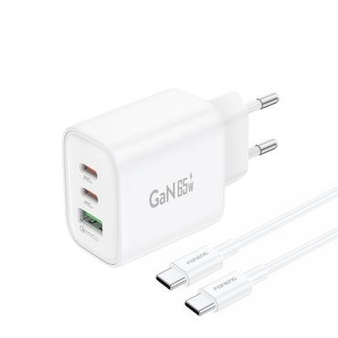 Stenski polnilec Foneng GaN10 65W z 2x USB-C in 1x USB-A izhodi ter Quick Charge 4.0 in Power delivery tehnologijo + USB-C kabel - bel