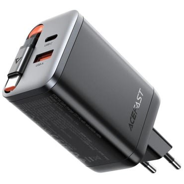Premium stenski polnilni adapter Acefast "A111" z GaN tehnologijo, 1x USB-C  in 1x USB-A izhodoma 67W in izvlečnim USB-C kablom - črn Premium stenski polnilni adapter Acefast "A111" z GaN tehnologijo, 1x USB-C  in 1x USB-A izhodoma 67W in izvlečnim USB-C kablom - črn