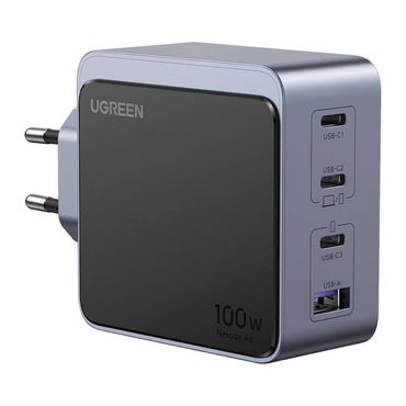 Stenski polnilec Ugreen Nexode Air X565 100W s 3x USB-C in 1x USB-A izhodi za polnjenje štirih naprav hkrati - siv