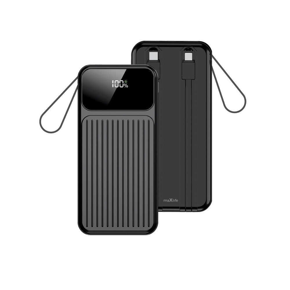 Powerbank Maxlife MXPB-06 z vgrajenim USB-C in Lightning kablom, 10000mAh kapaciteto in hitrim 22.5W polnjenjem - črn