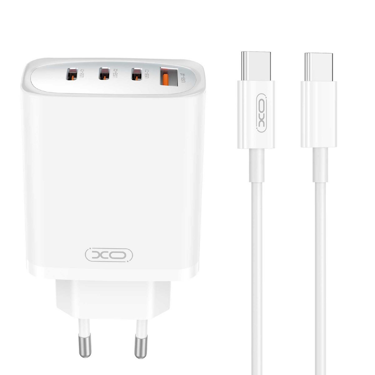 Stenski polnilni adapter XO "CE23" s tremi USB-C, enim USB-A vhodom in USB-C v USB-C kablom, 65W - bel