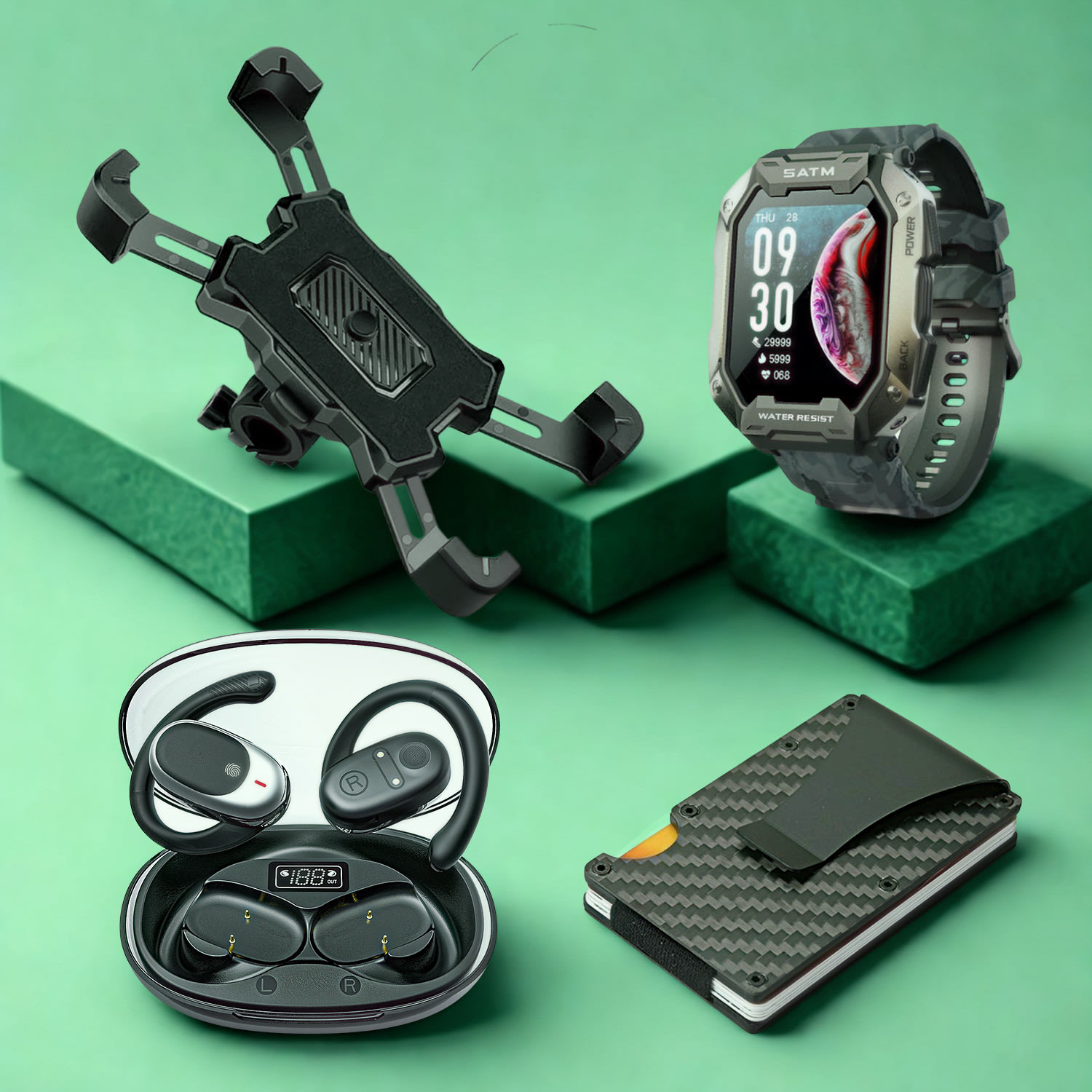 Active Rider Mega Pack – Oprema za varno vožnjo na kolesu, skiroju ali motorju brez skrbi: pametna ura, slušalke, držalo in RFID denarnica