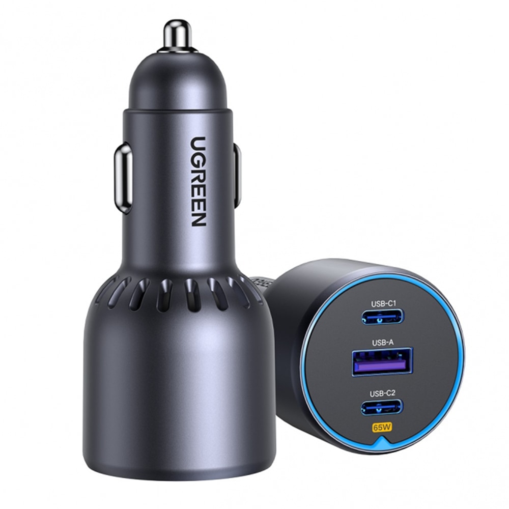 Avtopolnilec Ugreen EC703 75W z dvema USB-C polnilnima in enim USB-A izhodom ter standardi hitrega polnjenja - črn