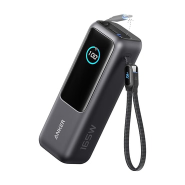 Power bank Anker "Zolo" 165 W z vgrajenim izvlečnim in navadnim USB-C kablom, s tremi USB-C vhodi in enim USB-A vhodom - 25.000 mAh - siv