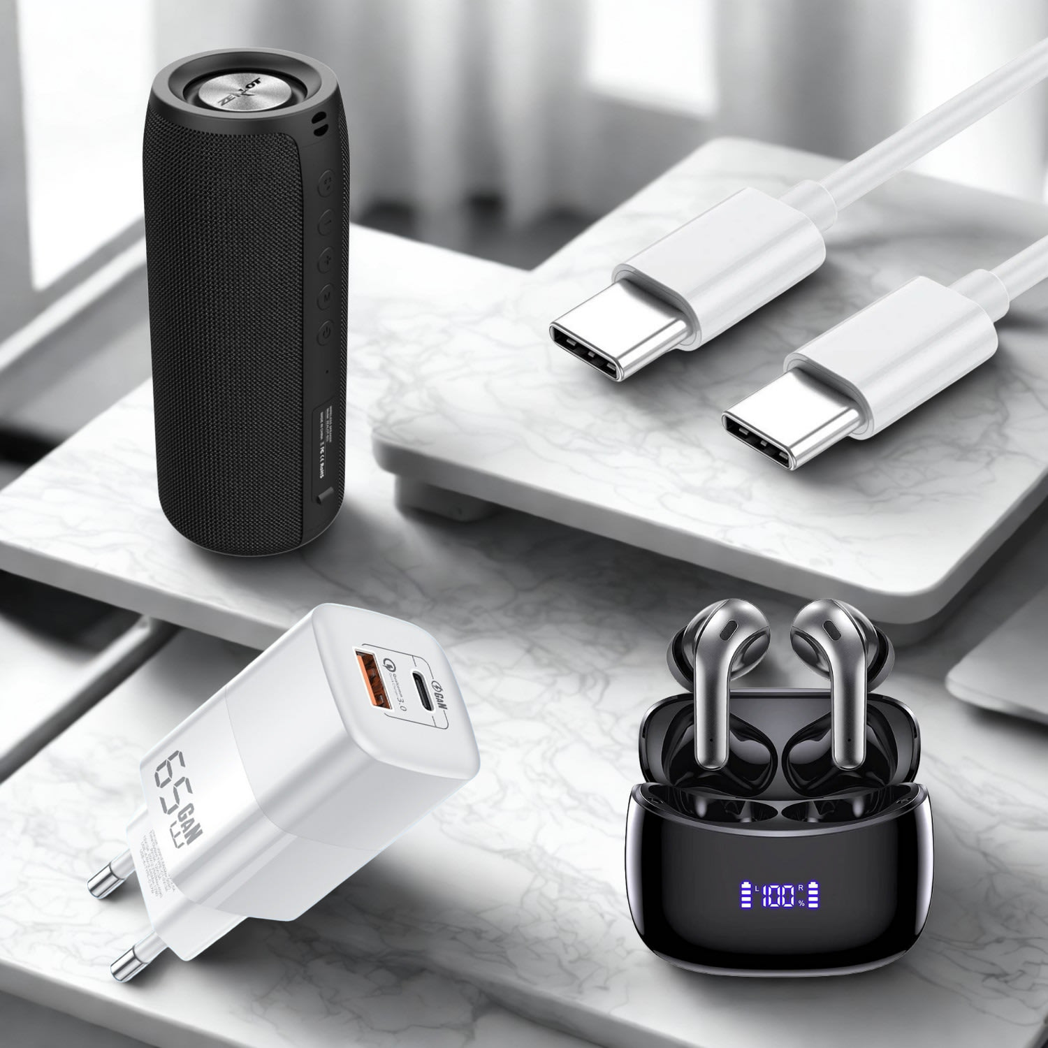 Premium Sound & Charge - Komplet vrhunskih ANC slušalk, zvočnika in hitrega polnilca 65W s kablom – 40% ceneje