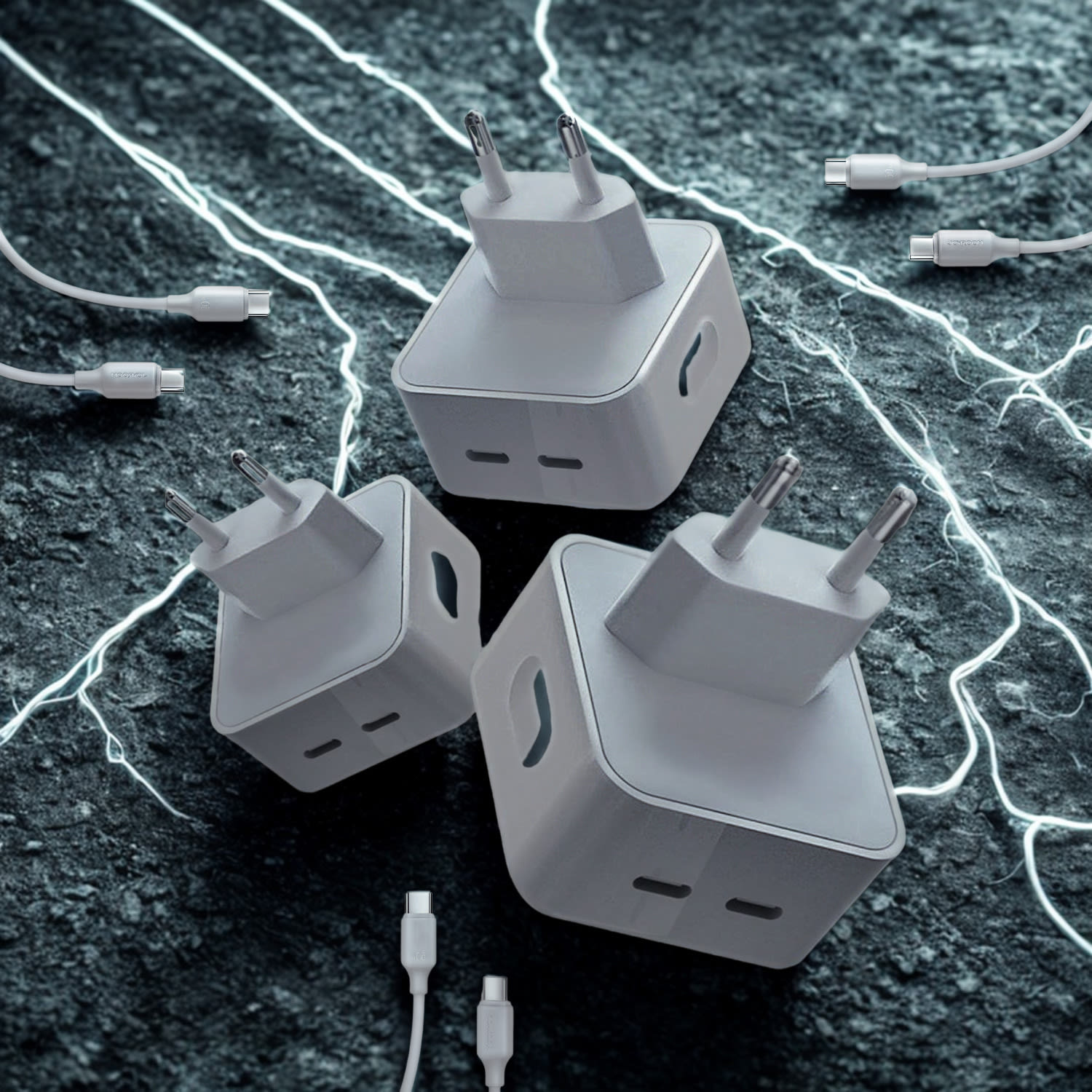 PlugWise 3-Pack - Trojna moč za hitro in kompaktno polnjenje + USB-C kabli