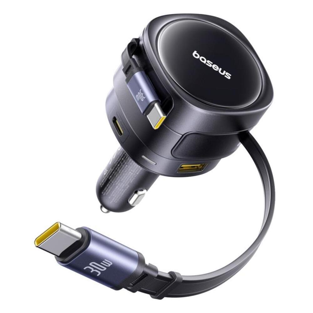 Avtopolnilec Baseus "Enjoyment Max" z USB-C in USB-A izhodom ter dvema izlvečnima USB-C kabloma PD 90W - siv