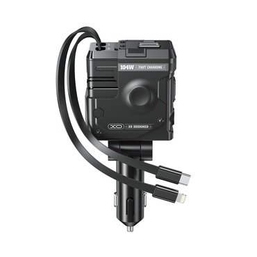 Avtopolnilec XO "CC66" z USB-C in USB-A vhodom ter dvema izvlečnima kabloma, USB-C in Lightning PD 104W - črn Avtopolnilec XO "CC66" z USB-C in USB-A vhodom ter dvema izvlečnima kabloma, USB-C in Lightning PD 104W - črn