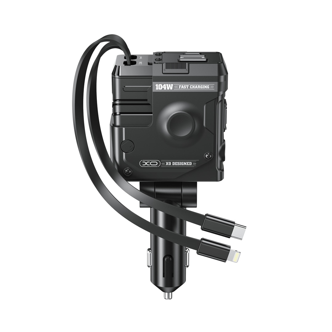 Avtopolnilec XO "CC66" z USB-C in USB-A vhodom ter dvema izvlečnima kabloma, USB-C in Lightning PD 104W - črn