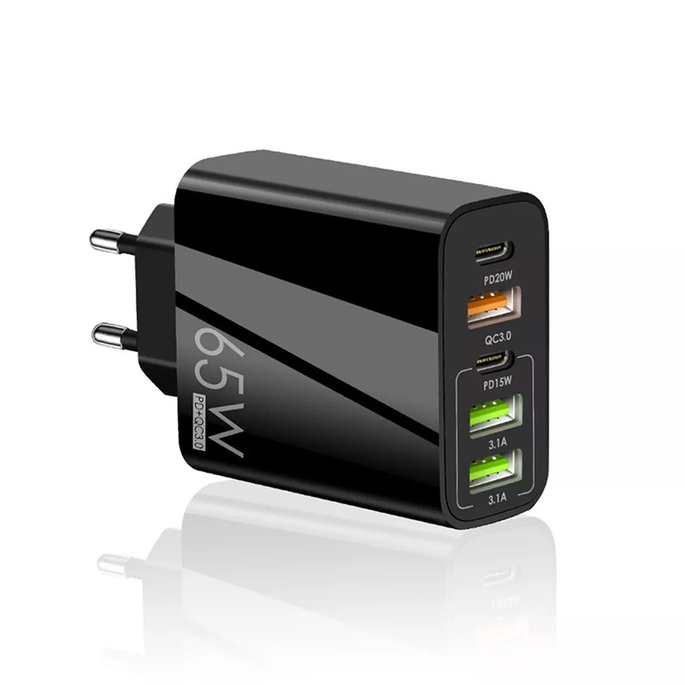Stenski polnilni adapter Techsuit "PentaxPower" GaN, s tremi USB in dvema USB-C izhodoma 65W - črn