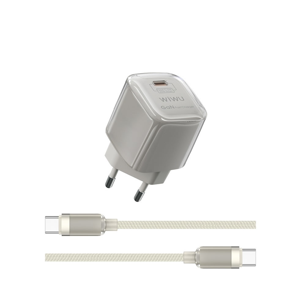 Stenski polnilec WIWU "Jello" z USB-C izhodom, GaN 30W in priloženim USB-C v USB-C kablom - bež