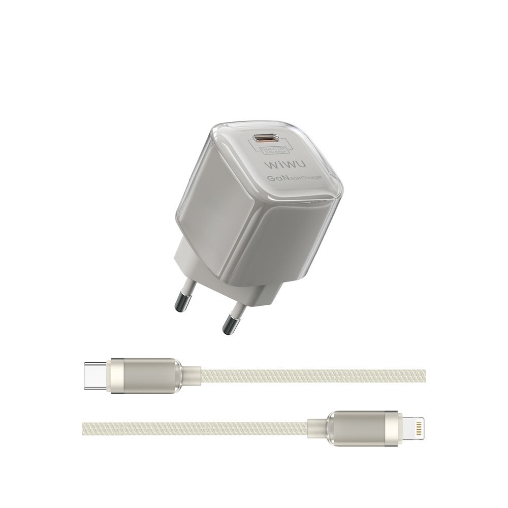 Stenski polnilec WIWU "Jello" z USB-C izhodom, GaN 30W in priloženim USB-C v Lightning kablom - bež