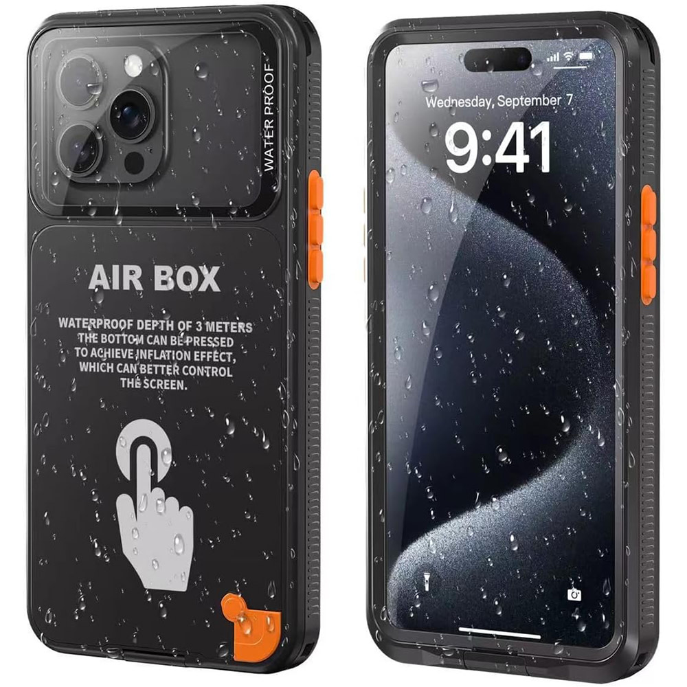 Vodoodporen ovitek Shellbox "AirBox" s standardom IP68 za spuste do 2m globine za 6.1 palčne iPhone telefone - črn