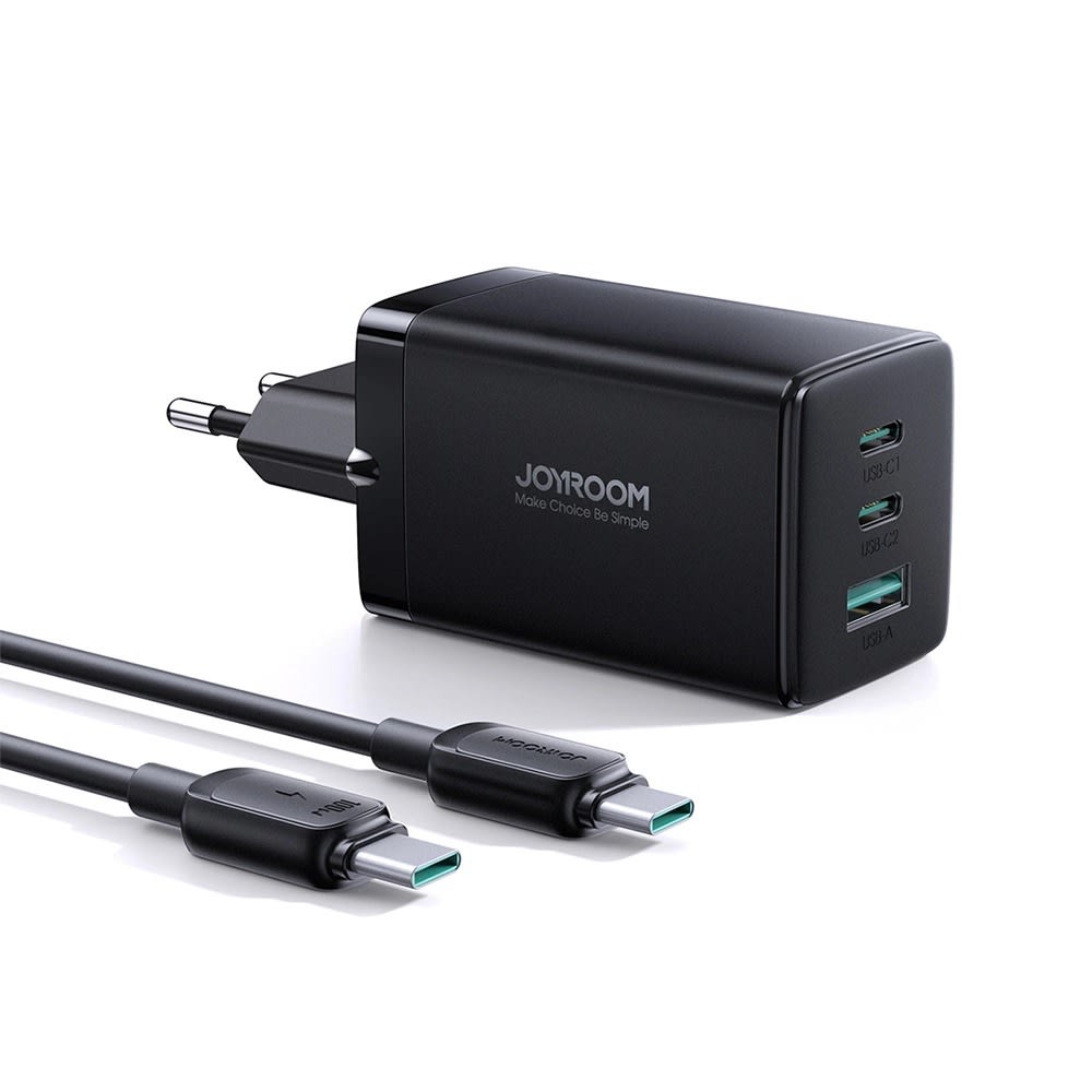 Stenski polnilec Joyroom 65W z GaN tehnologijo, dvema USB-C in enim USB-A vhodom ter kablom USB-C v USB-C za hitro polnjenje – črn
