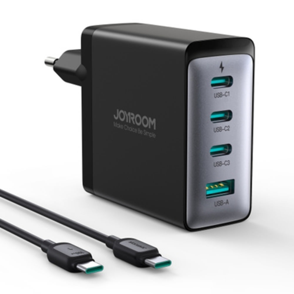 Stenski polnilec Joyroom 100W z GaN tehnologijo, tremi USB-C in enim USB-A vhodom ter kablom USB-C v USB-C za hitro polnjenje – črn