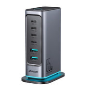 Pokončni polnilec in razdelilec Joyroom "JR-TCM02" z GAN tehnologijo 65W, s štirimi USB-C in dvema USB-A vhodoma, s priloženim kablom - siv