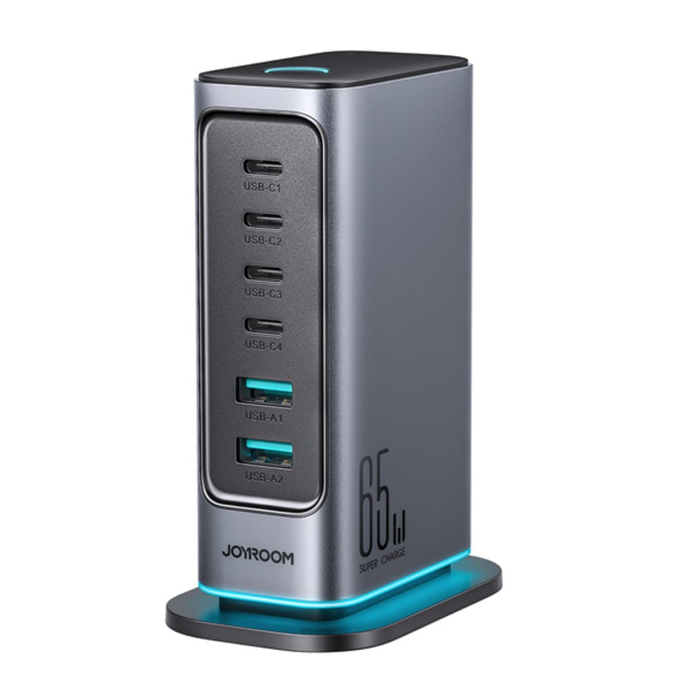 Pokončni polnilec in razdelilec Joyroom "JR-TCM02" z GAN tehnologijo 65W, s štirimi USB-C in dvema USB-A vhodoma, s priloženim kablom - siv