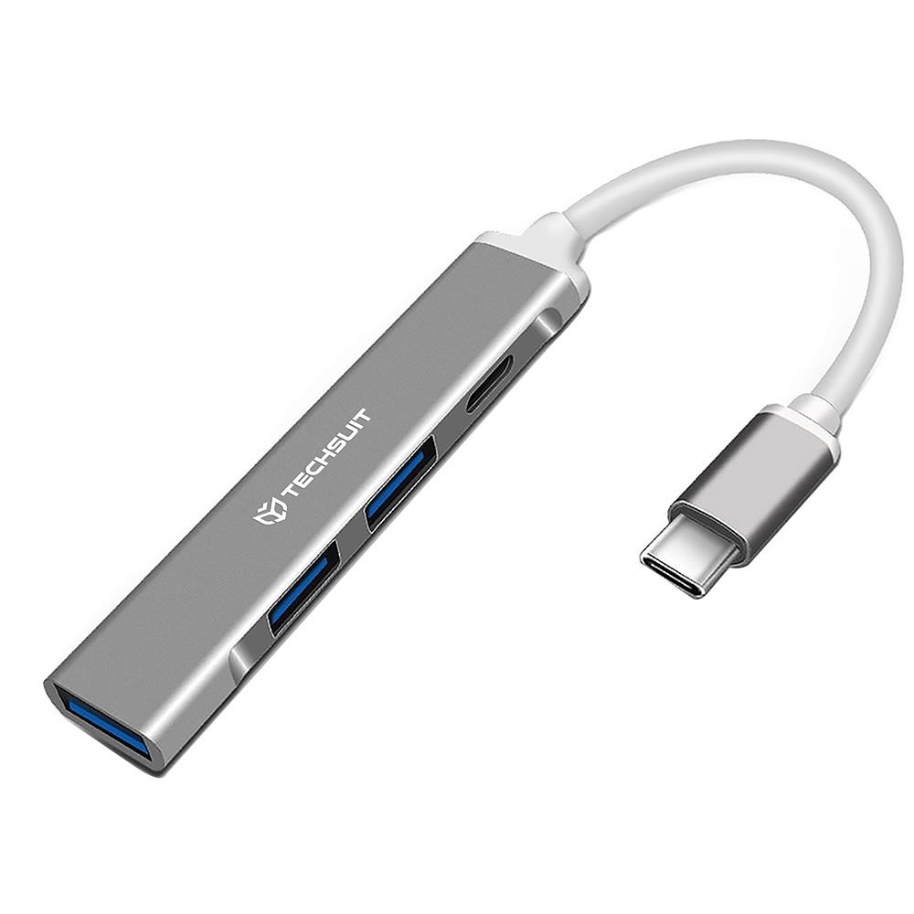 Multifunkcijski USB Hub Techsuit PolarisBridge 4v1 z 1x USB 3.0, 2x USB 2.0 in 1x USB‑C vhodom za enostavno povezovanje - srebrn