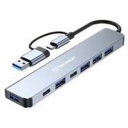 Multifunkcijski USB Hub TechSuit "DataBridge H6" s 7 priključki (USB‑A in USB‑C) za raznoliko uporabo - siv