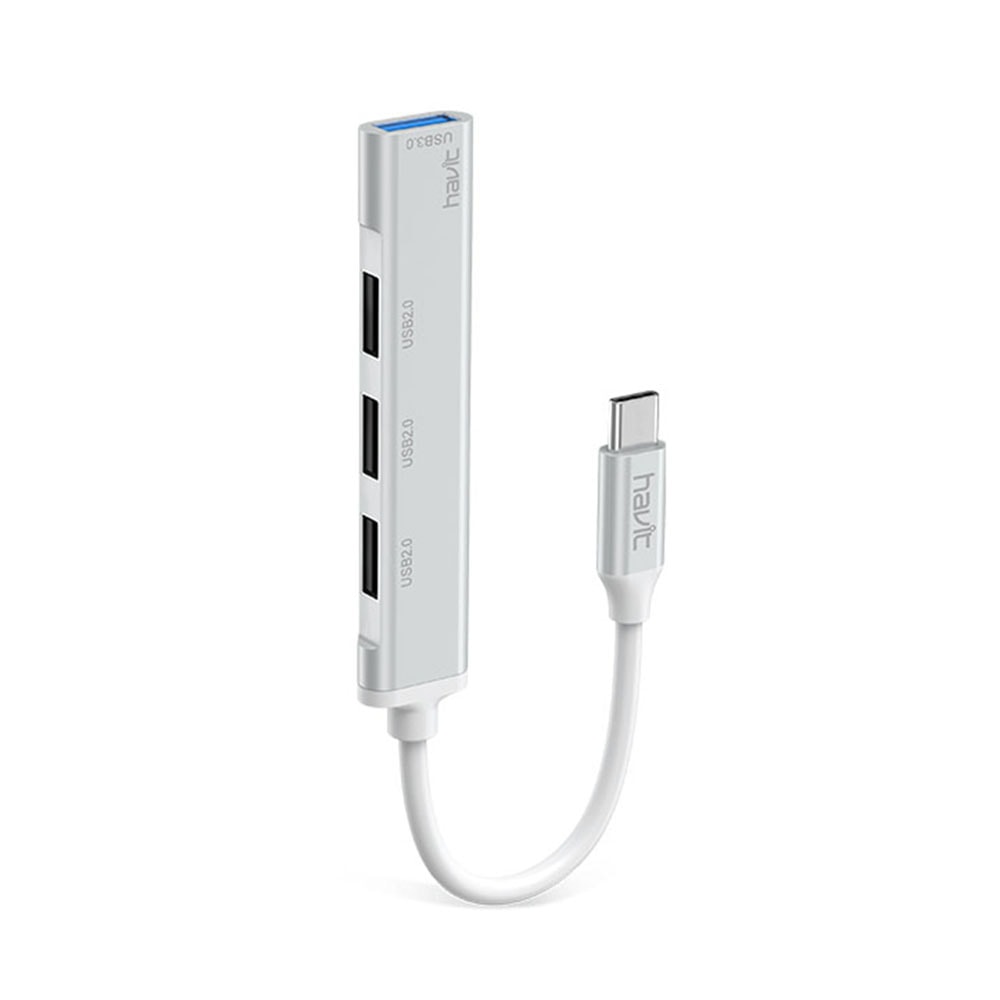 Aluminijasta USB hub postaja Havit "HB41" s štirimi USB izhodi - 3x USB 2.0, 1x USB 3.0 - srebrn - USB-C priključek