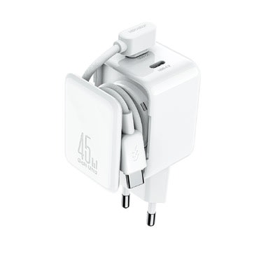 Stenski polnilec Joyroom 45W "TCL05" z GaN tehnologijo, dvema USB-C vhodoma, organizatorjem za kable in USB-C v USB-C 60W kablom - bel Stenski polnilec Joyroom 45W "TCL05" z GaN tehnologijo, dvema USB-C vhodoma, organizatorjem za kable in USB-C v USB-C 60W kablom - bel