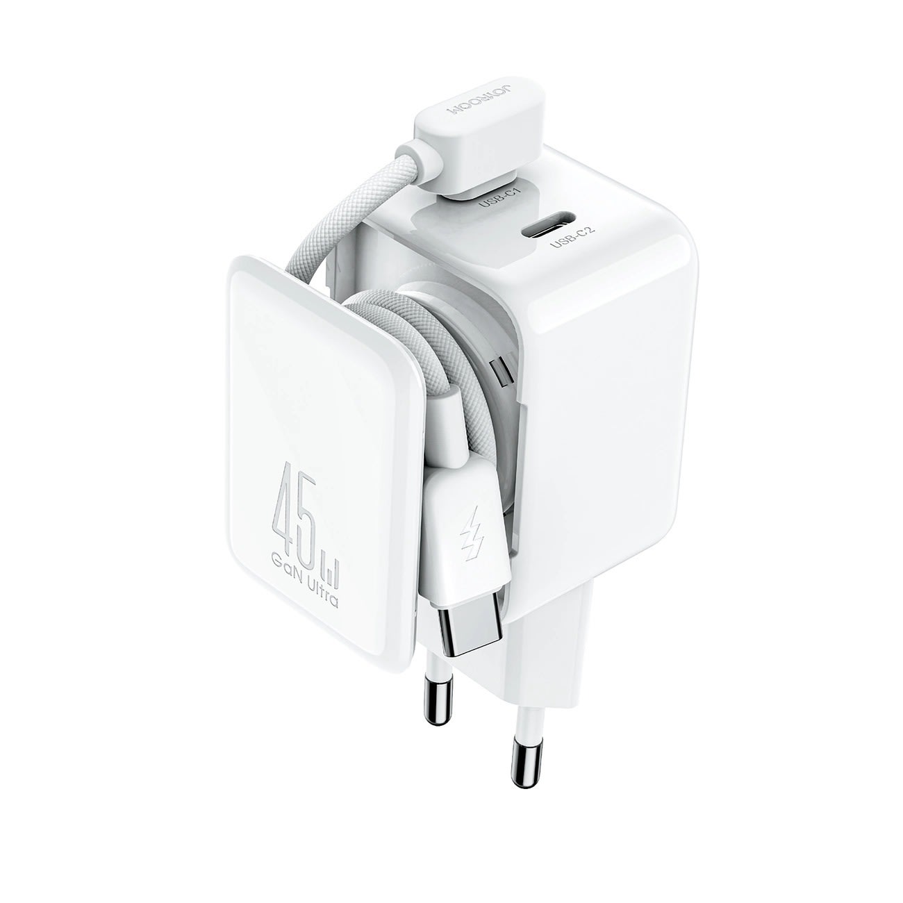 Stenski polnilec Joyroom 45W "TCL05" z GaN tehnologijo, dvema USB-C vhodoma, organizatorjem za kable in USB-C v USB-C 60W kablom - bel