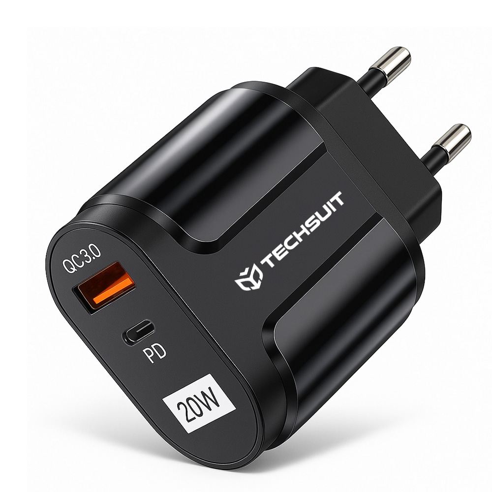 Stenski polnilec Techsuit "Premium" z USB-A in USB-C priključkom, QC 3.0 in 20W močjo - črn
