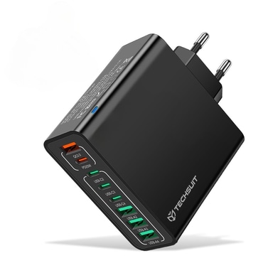 Stenski polnilec Techsuit "CHPD224" z 8 izhodi (4× USB + 4× USB-C) in 65W hitrim polnjenjem - črn Stenski polnilec Techsuit "CHPD224" z 8 izhodi (4× USB + 4× USB-C) in 65W hitrim polnjenjem - črn