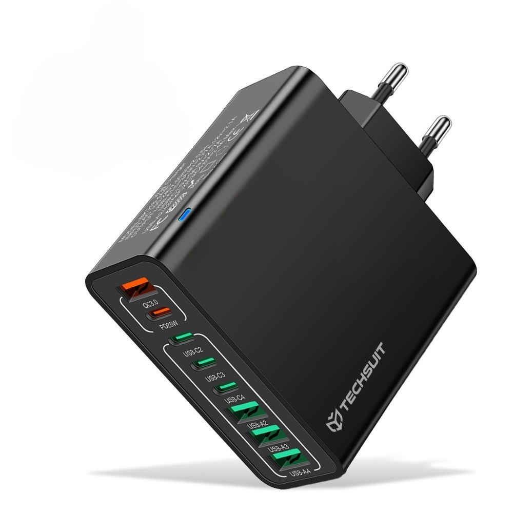 Stenski polnilec Techsuit "CHPD224" z 8 izhodi (4× USB + 4× USB-C) in 65W hitrim polnjenjem - črn