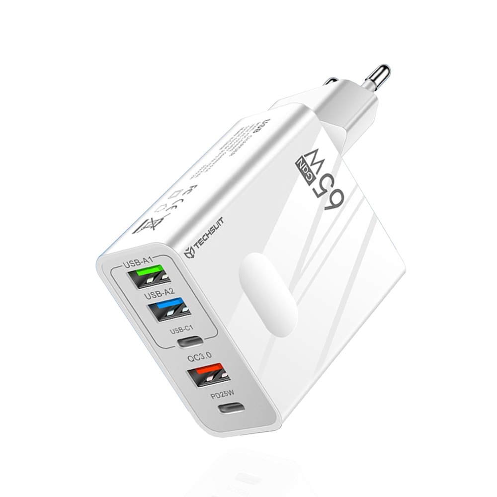 Stenski polnilec Techsuit "PentaXPower" z 5 izhodi (3× USB + 2× USB-C PD), GaN tehnologijo in 65W močjo - bel