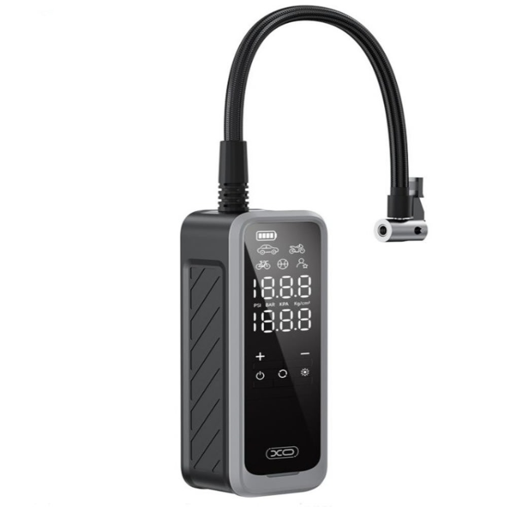 Prenosna brezžična tlačilka XO "CZ018" z vgrajeno baterijo 5000 mAh, močjo 85W in nastavki za pnevmatike in žoge - črna