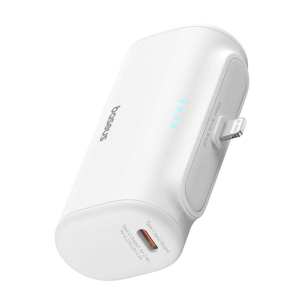 Power bank Baseus Compact 20W - 5000 mAh z Lightning izhodom in USB-C kablom – bel