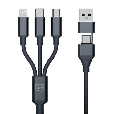 Polnilni in podatkovni kabel 3mk "Hyper" 3v1 USB-C/USB-A v Micro-USB, Lightning in USB-C - 1.5 m - black Polnilni in podatkovni kabel 3mk "Hyper" 3v1 USB-C/USB-A v Micro-USB, Lightning in USB-C - 1.5 m - black