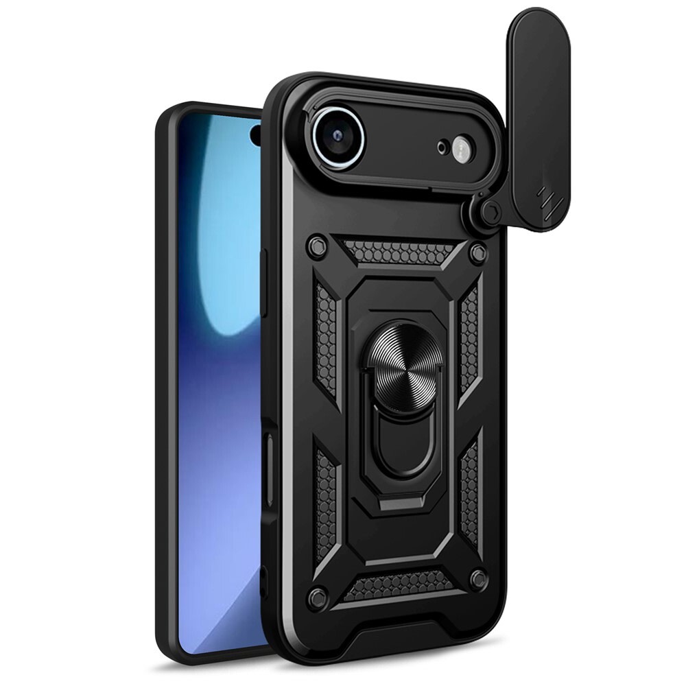 Oklepni ovitek MaX-Armor z obročem, kovinsko ploščico in zaščito zadnjih kamer za iPhone Air - črn