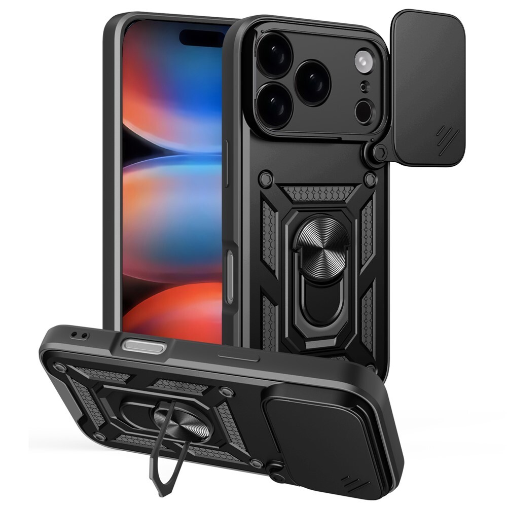 Oklepni ovitek MaX-Armor z obročem, kovinsko ploščico in zaščito zadnjih kamer za iPhone 17 Pro Max - črn