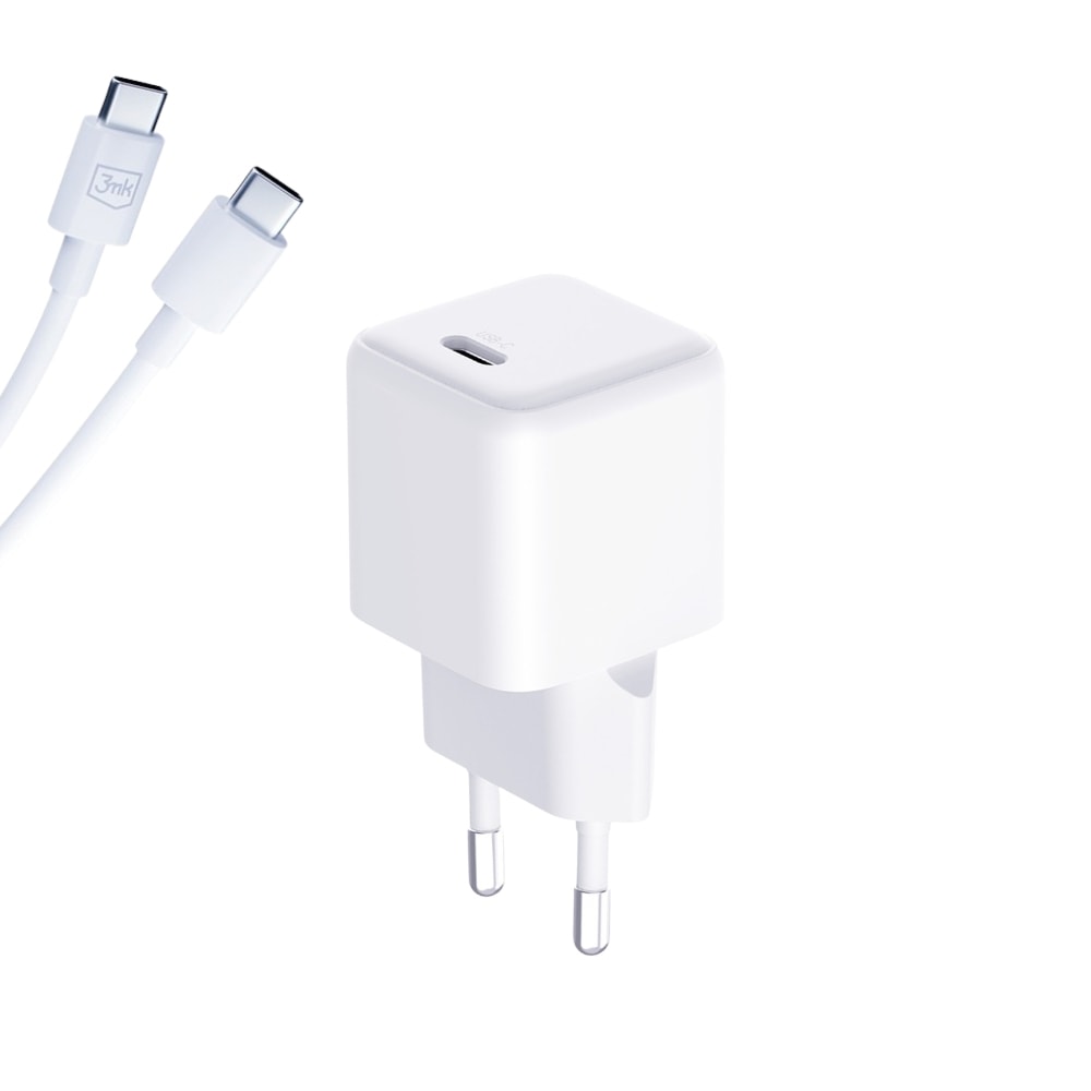 Stenski polnilec 3mk "HyperCharge" s PD 25W USB-C izhodom in GaN tehnologijo + USB-C kabel - white