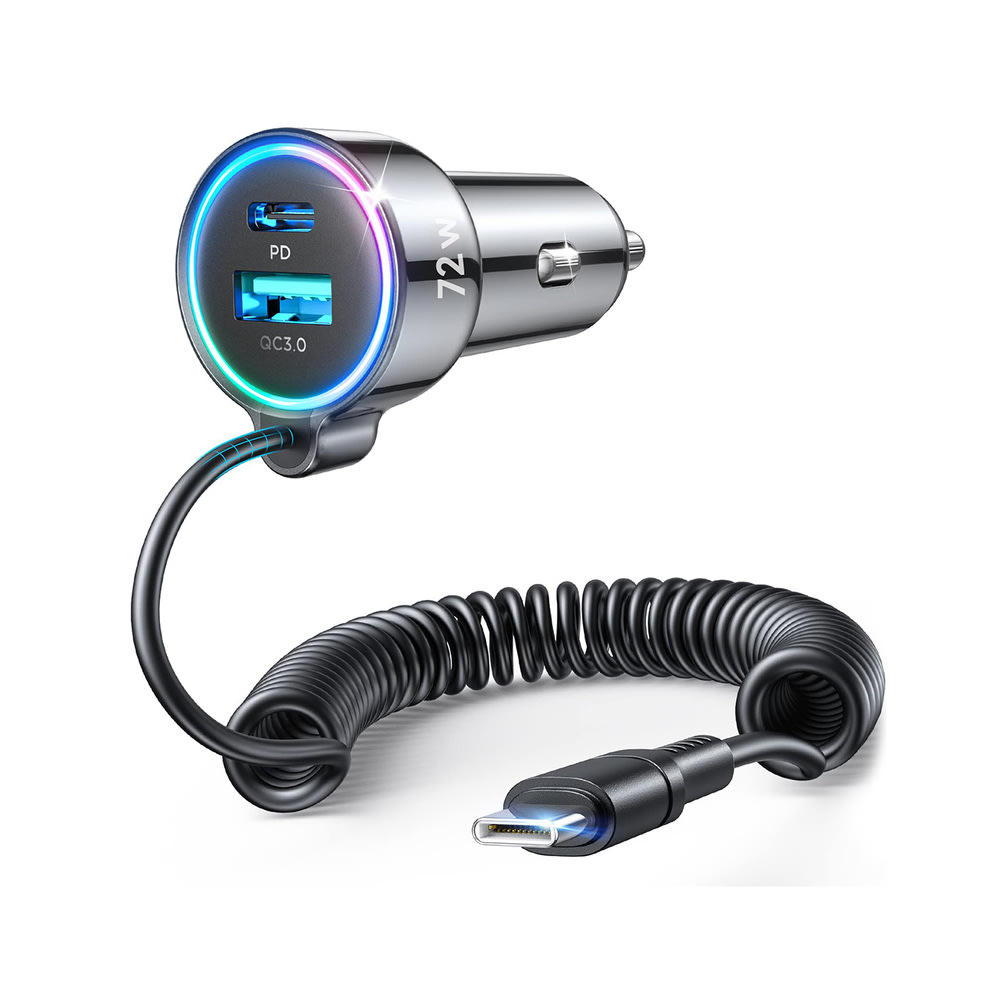 Avtopolnilec Joyroom "CL07" 72W - z vgrajenim USB-C polnilnim kablom in z USB in USB-C polnilnima izhodoma ter standardi hitrega polnjenja
