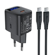 Premium 20W stenski polnilni adapter Acefast "A113" z GaN tehnologijo, 1x USB-C izhodom in kablom - črn
