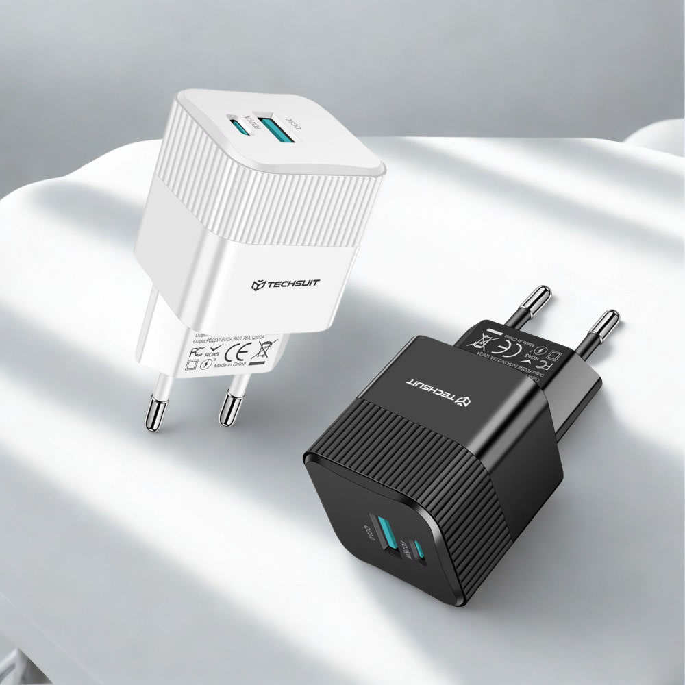 Premium 25W stenski polnilec Techsuit Tiny Series CHPD216 z GaN tehnologijo, USB in USB-C izhodoma