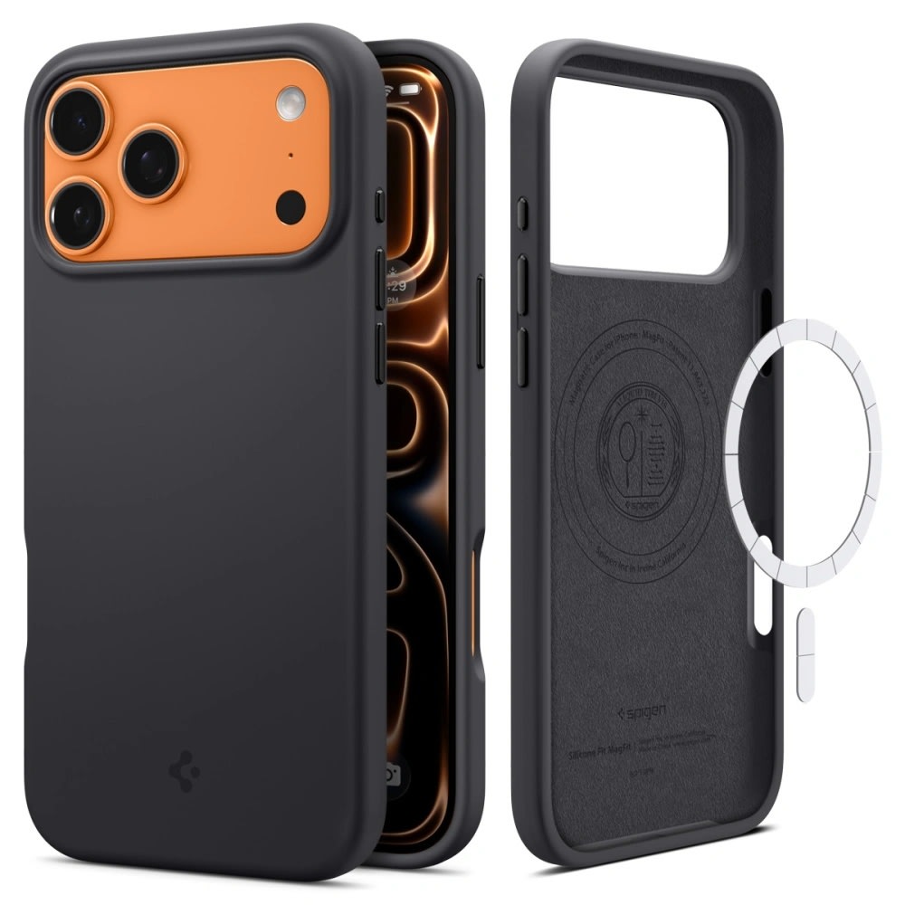 Ovitek Spigen "Silicone Fit Mag" z magnetom za brezžično polnjenje za iPhone 17 Pro Max - black