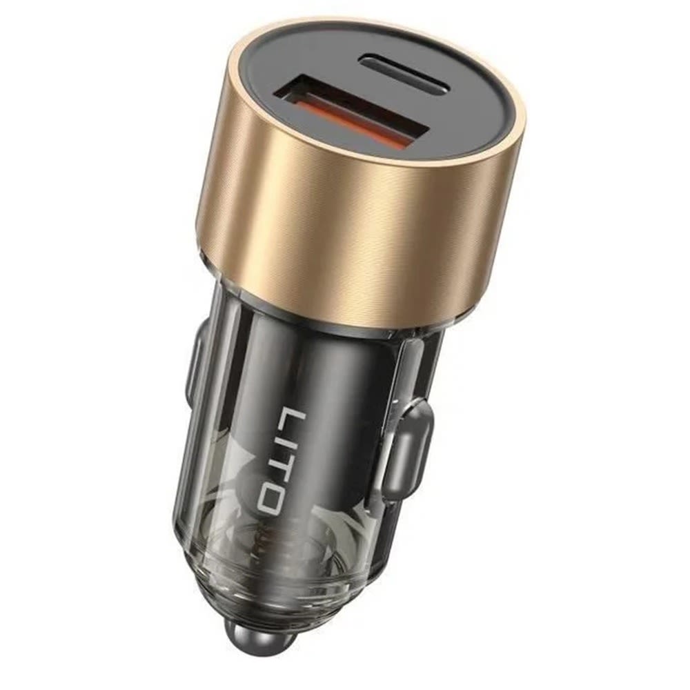 52W avtomobilski polnilec LITO IN-C04 s prozorno kovinsko zasnovo, PD + USB-A in USB-C hitrim polnjenjem - črn