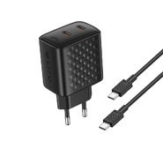 Stenski polnilec Lito "LC22T" PD 45W z GaN tehnologijo, 2x USB-C vhodom in USB-C v USB-C kablom - črn Stenski polnilec Lito "LC22T" PD 45W z GaN tehnologijo, 2x USB-C vhodom in USB-C v USB-C kablom - črn