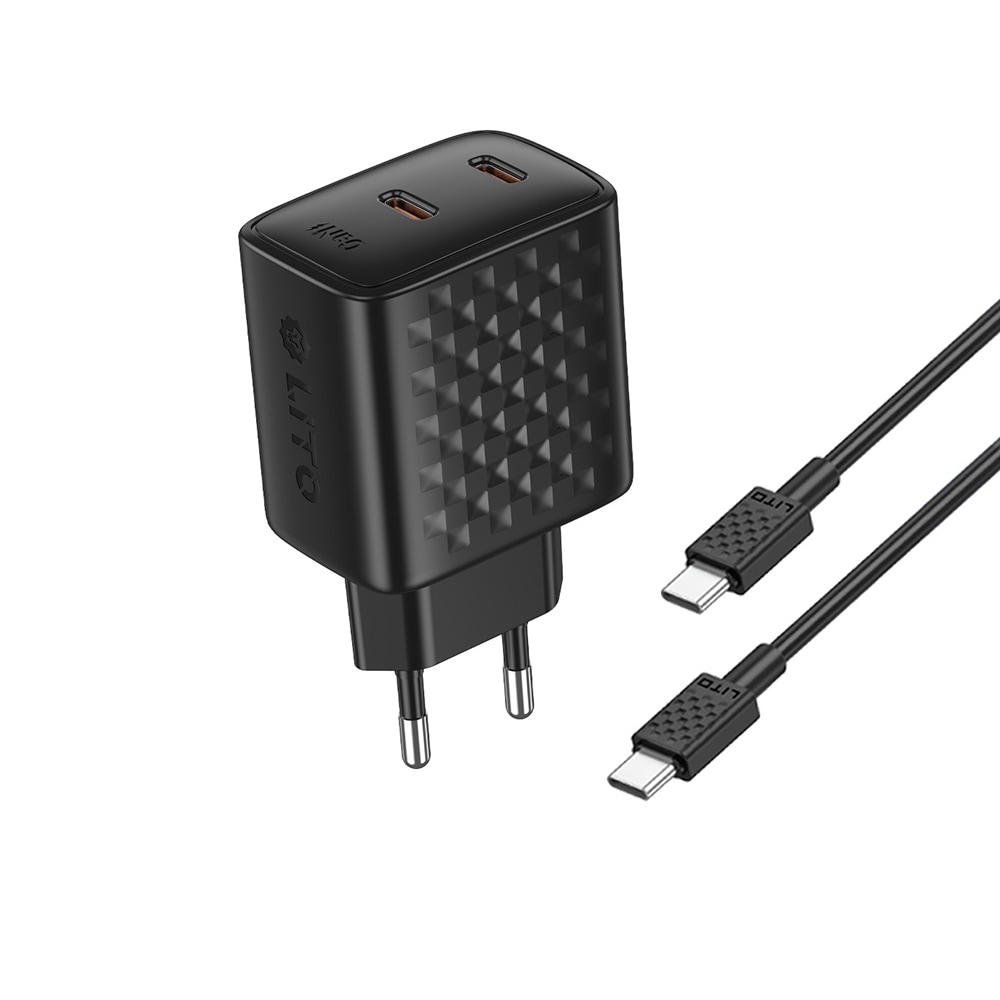 Stenski polnilec Lito "LC22T" PD 45W z GaN tehnologijo, 2x USB-C vhodom in USB-C v USB-C kablom - črn