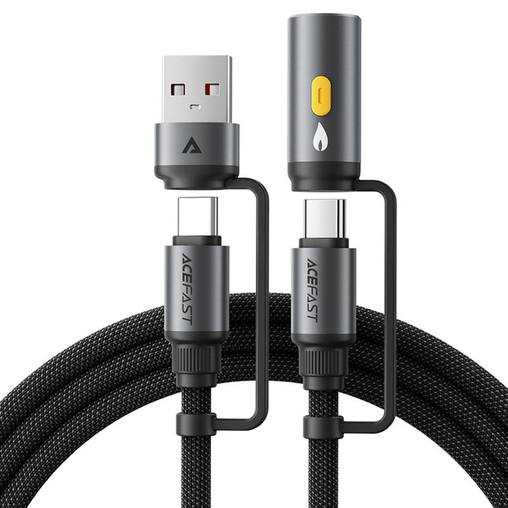 3v1 pleten polnilni in podatkovni kabel Acefast "J6" - USB-C v USB-C, z nastavkom USB-A in nastavkom za prižig cigaretov, hitro polnjenje 60W - 1.2 m - črn