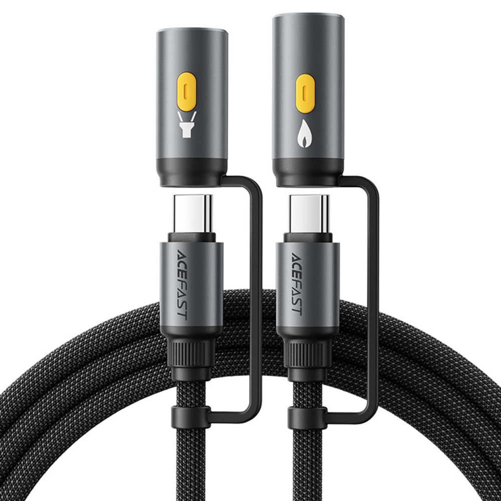 3v1 pleten polnilni in podatkovni kabel Acefast "J4" - USB-C v USB-C, z nastavkom LED luči in nastavkom za prižig cigaretov, hitro polnjenje 60W - 1.2 m - črn