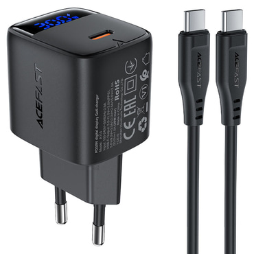 Stenski polnilec Acefast A115 PD30W z GaN tehnologijo, LED prikazovalnikom moči in priloženim USB-C v USB-C kablom - črn Stenski polnilec Acefast A115 PD30W z GaN tehnologijo, LED prikazovalnikom moči in priloženim USB-C v USB-C kablom - črn