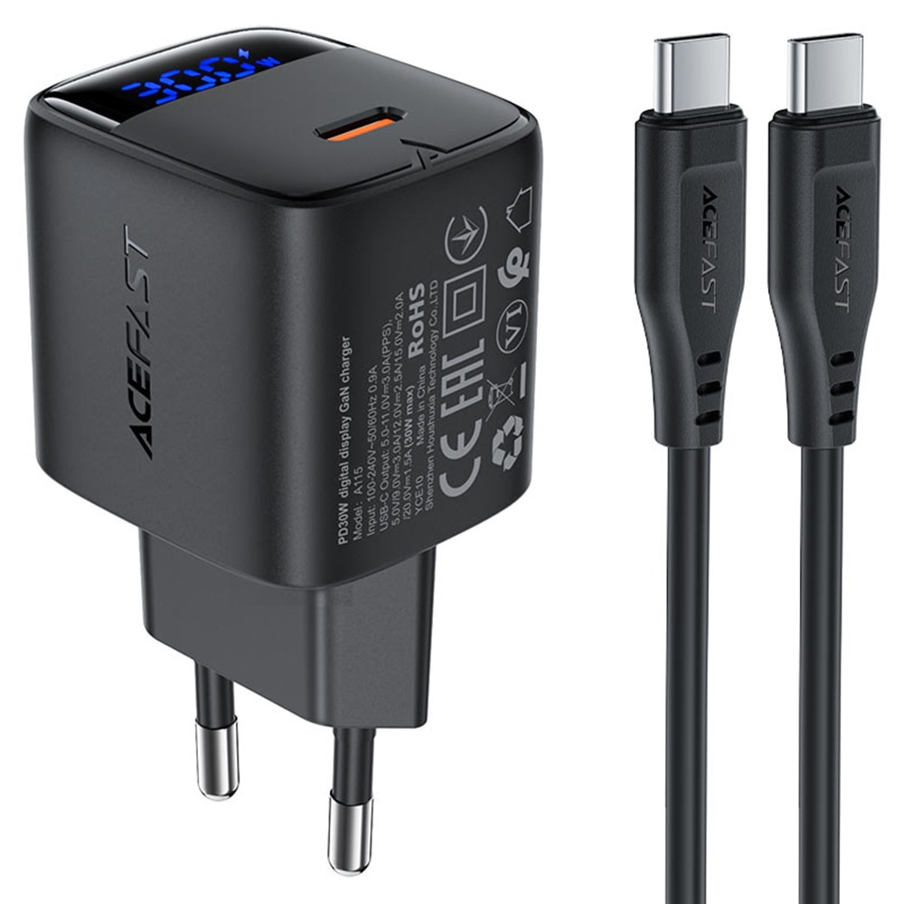 Stenski polnilec Acefast A115 PD30W z GaN tehnologijo, LED prikazovalnikom moči in priloženim USB-C v USB-C kablom - črn